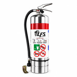 Wall-mounted stainless steel fire extinguisher with fluorine-free F-500 EA agent for EV charging stations and battery storage areas.