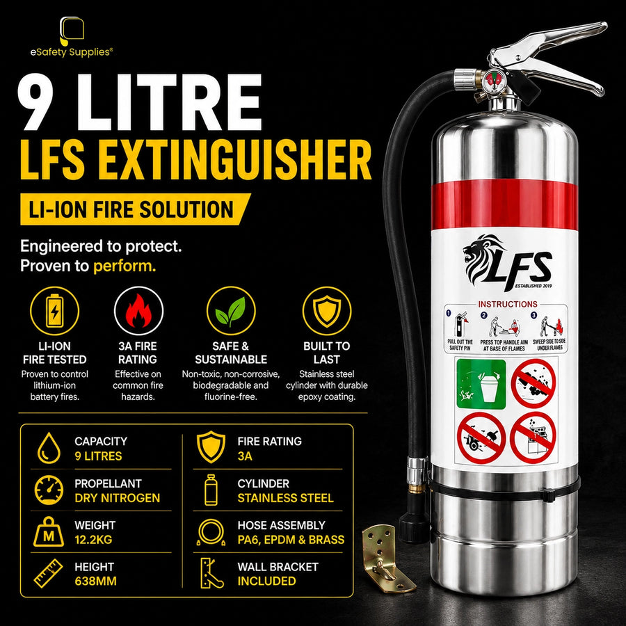 Wall-mounted stainless steel fire extinguisher with fluorine-free F-500 EA agent for EV charging stations and battery storage areas.