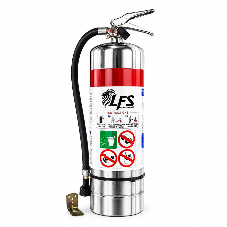 Wall-mounted stainless steel fire extinguisher with fluorine-free F-500 EA agent for EV charging stations and battery storage areas.