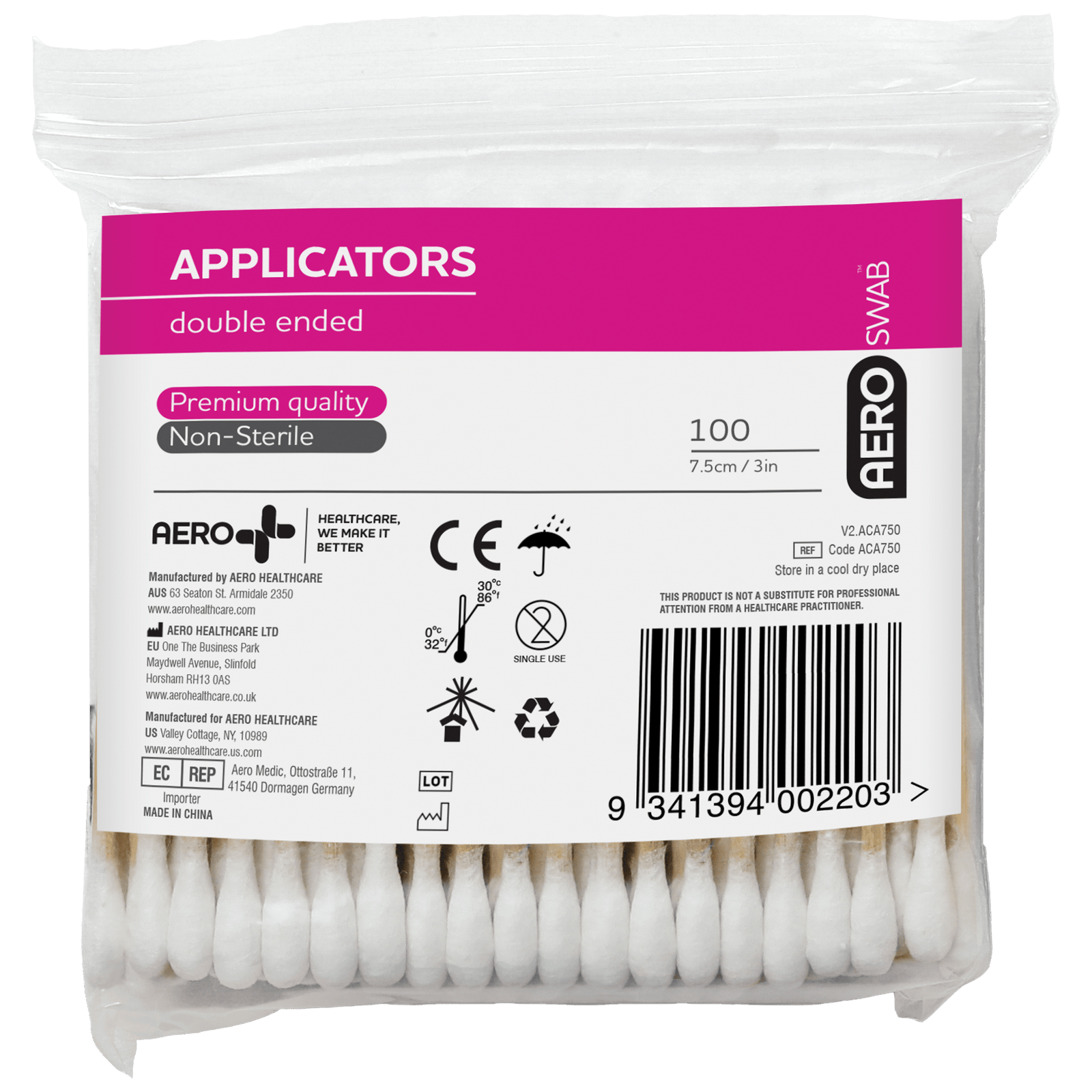 AEROSWAB 7.5cm Bamboo Double End Applicators Bag/100