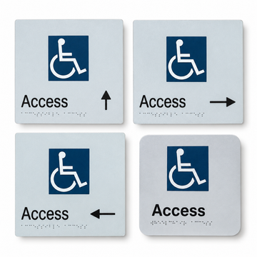 180mm x 180mm textured acrylic braille sign featuring raised wheelchair accessibility symbol, "Accessible Entry" text, Grade 1 Braille dots, and directional arrow options.