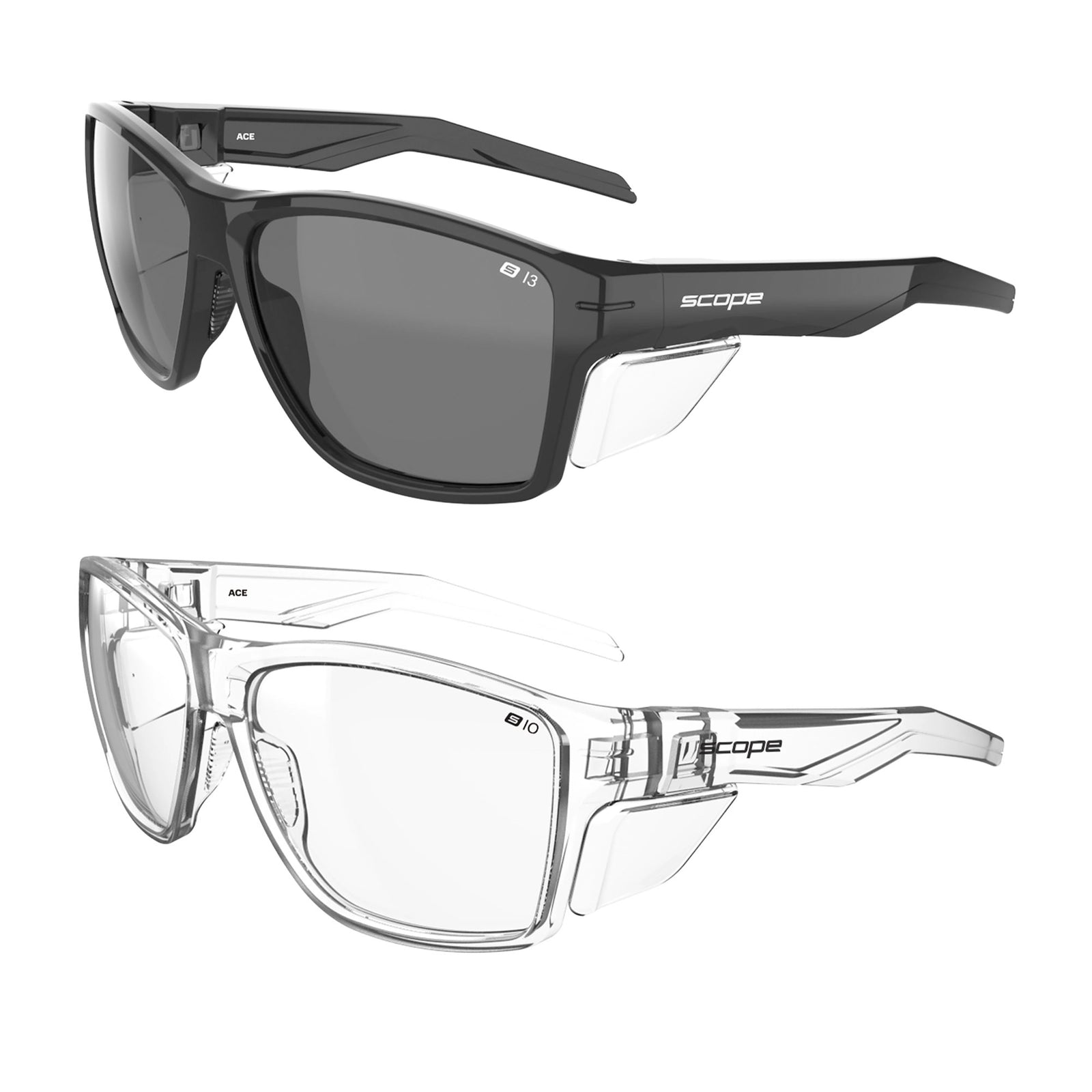 [Ace Clear Lens Safety Glasses], lightweight 33g polycarbonate safety glasses with integrated clear side shields.