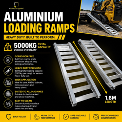 Pair of heavy-duty marine-grade alloy loading ramps with a 5-ton capacity, textured for grip to load heavy equipment like 4x4s and excavators.