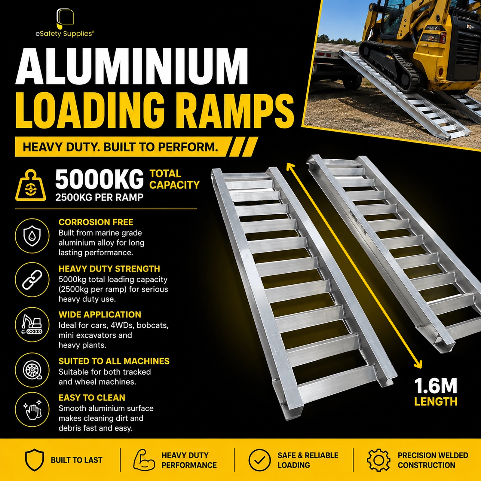 Pair of heavy-duty marine-grade alloy loading ramps with a 5-ton capacity, textured for grip to load heavy equipment like 4x4s and excavators.