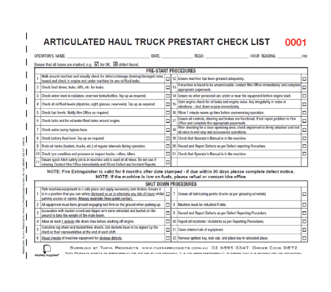 Articulated Haul Truck Prestart Books