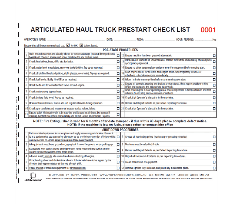 Articulated Haul Truck Prestart Books