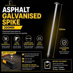 300mm long by 12mm diameter galvanised steel spike designed for securing rubber and plastic wheel stops into asphalt.