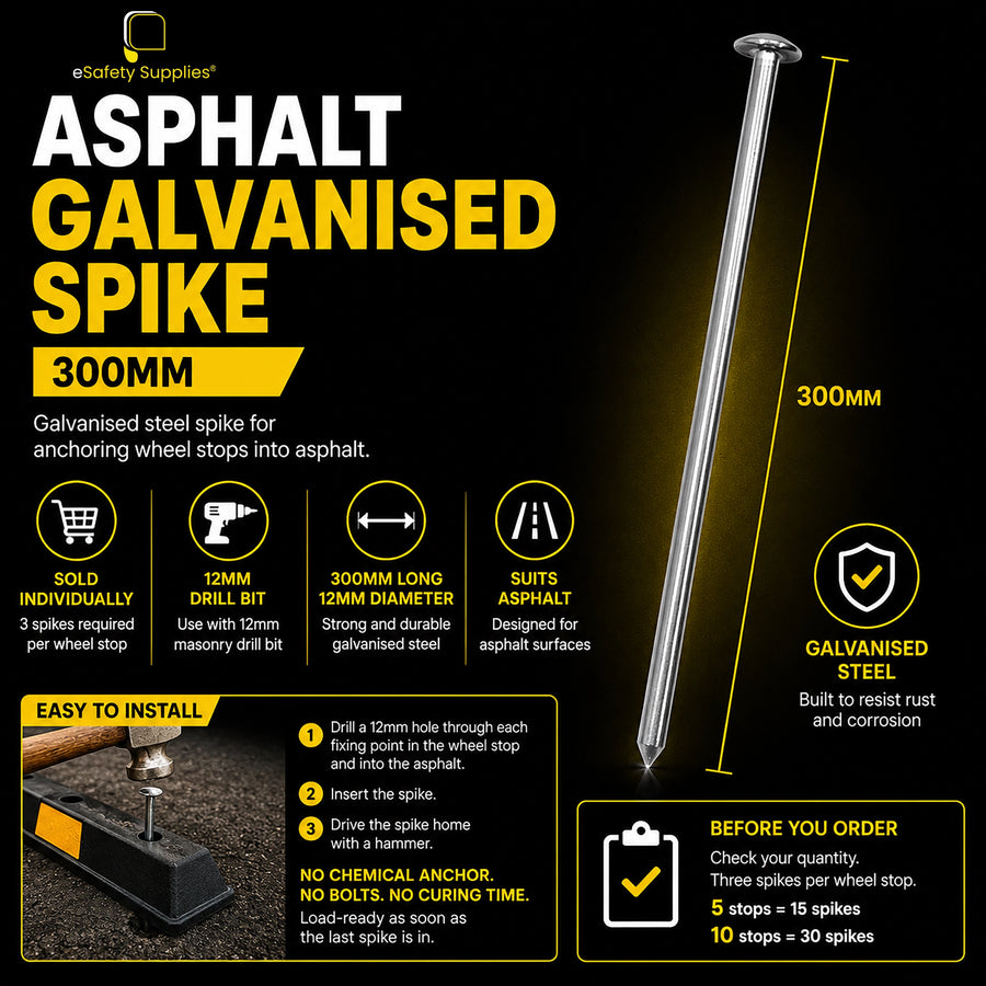 300mm long by 12mm diameter galvanised steel spike designed for securing rubber and plastic wheel stops into asphalt.