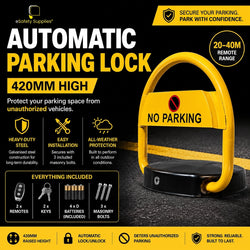 Yellow and black 420mm automatic remote-controlled steel parking lock with base plate, wireless remotes, and manual override keys.