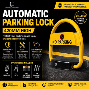 Yellow and black 420mm automatic remote-controlled steel parking lock with base plate, wireless remotes, and manual override keys.
