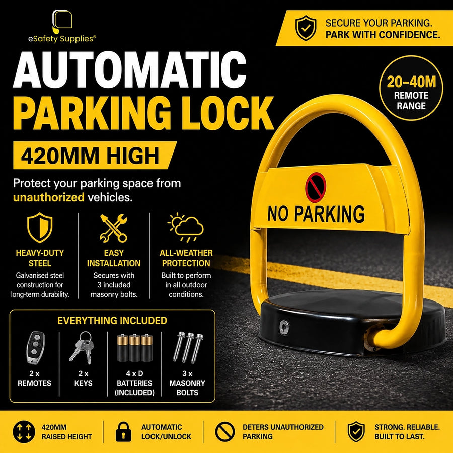 Yellow and black 420mm automatic remote-controlled steel parking lock with base plate, wireless remotes, and manual override keys.