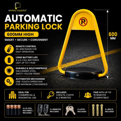 Safety yellow 600mm automatic parking lock barrier with remote control and heavy-duty steel base.
