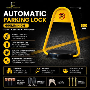 Safety yellow 600mm automatic parking lock barrier with remote control and heavy-duty steel base.