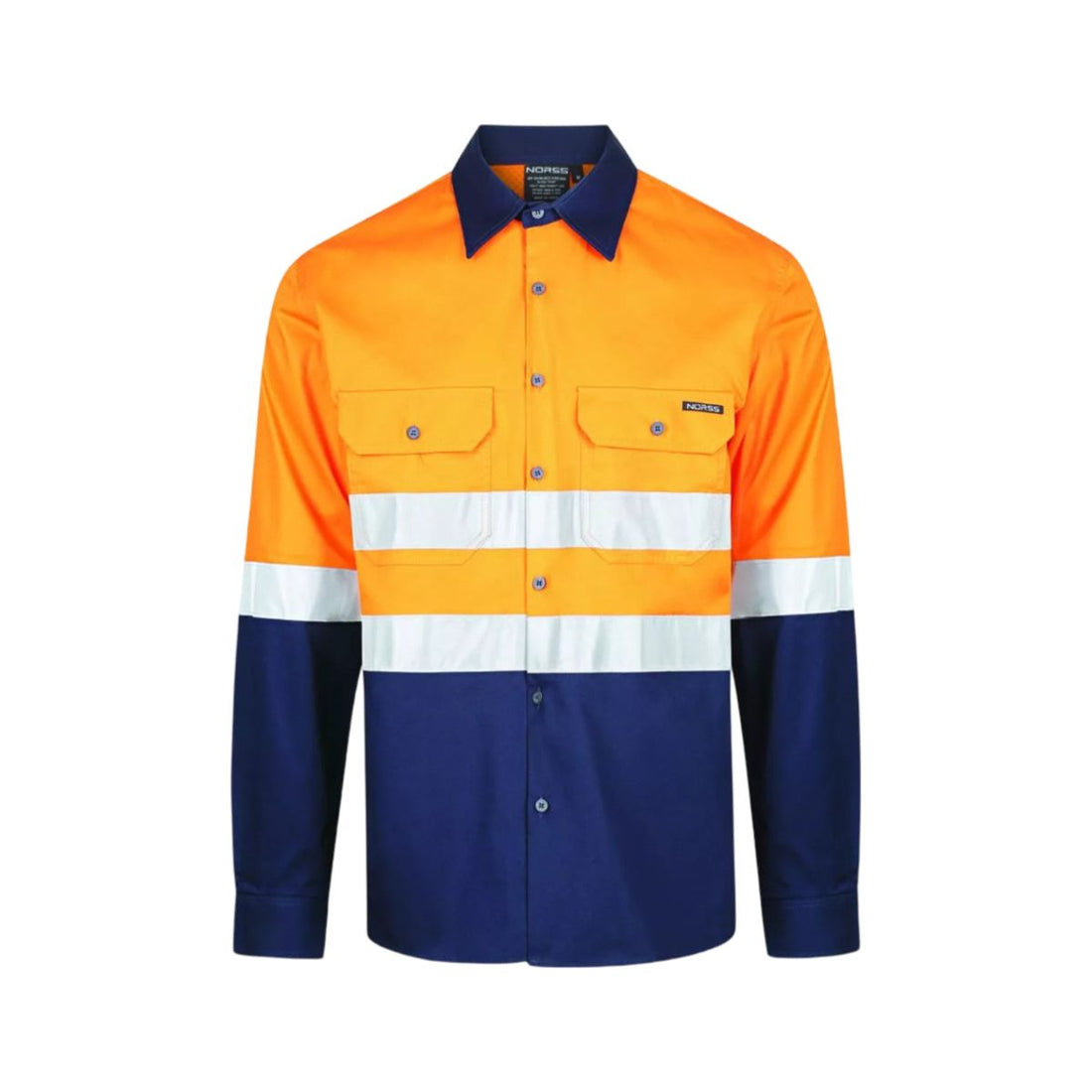 Norss 3 Way Ventilate HiVis Two Tone 145gsm Reflective Cotton Drill Shirt Long Sleeve 2.1 kg Orange/Navy Size XS BC2882-XS