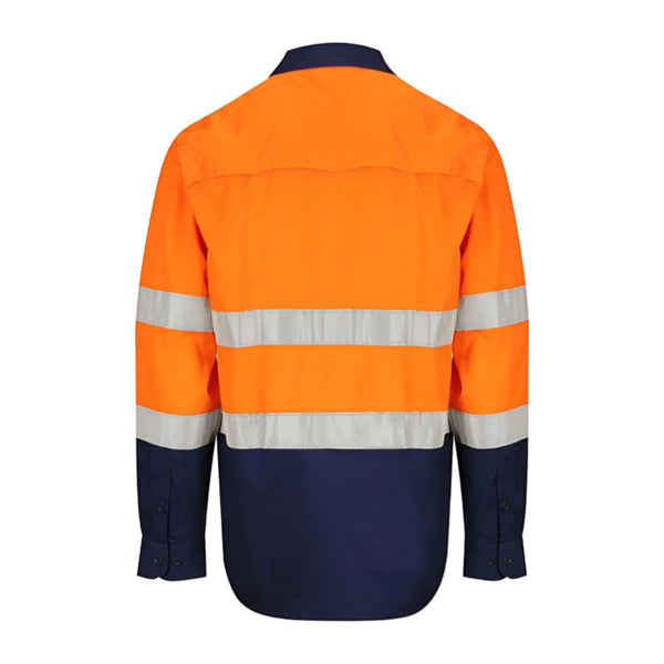 Norss 3 Way Ventilate HiVis Two Tone 145gsm Reflective Cotton Drill Shirt Long Sleeve 2.1 kg Orange/Navy Size S BC2882-S