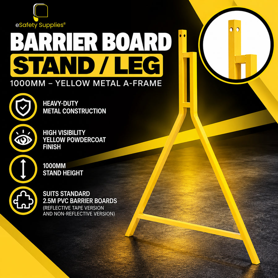 High-visibility yellow powder-coated metal A-frame barrier board stand measuring 1000mm high for supporting PVC safety boards.