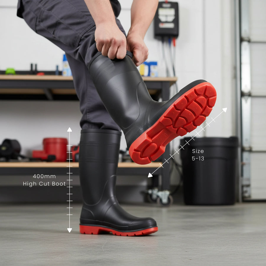 Bata Utility Safety Gumboots, 400mm, Black/Red