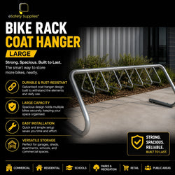 Large coat hanger bike rack designed to store up to 10 bicycles, available in galvanised and stainless steel finishes.