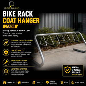 Large coat hanger bike rack designed to store up to 10 bicycles, available in galvanised and stainless steel finishes.