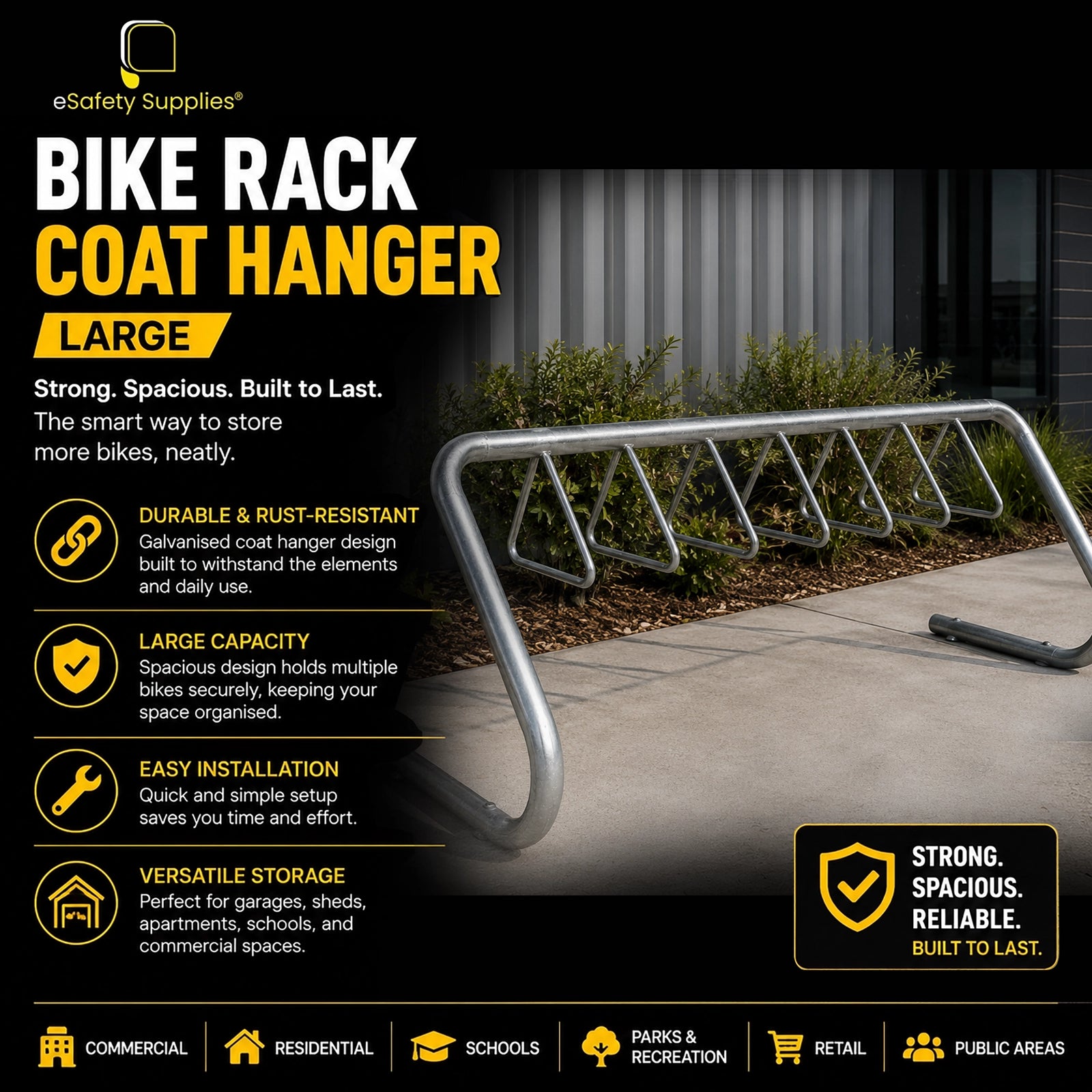 Large coat hanger bike rack designed to store up to 10 bicycles, available in galvanised and stainless steel finishes.