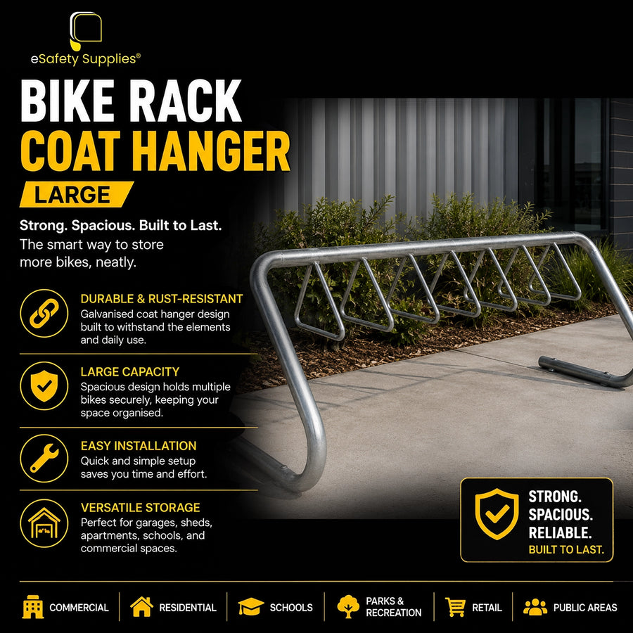 Large coat hanger bike rack designed to store up to 10 bicycles, available in galvanised and stainless steel finishes.