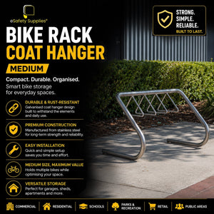 Medium coat hanger bike rack designed to store up to 7 bicycles, available in galvanised and stainless steel finishes.