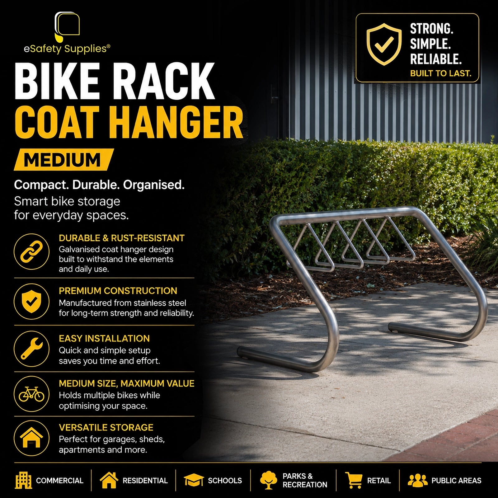 Medium coat hanger bike rack designed to store up to 7 bicycles, available in galvanised and stainless steel finishes.