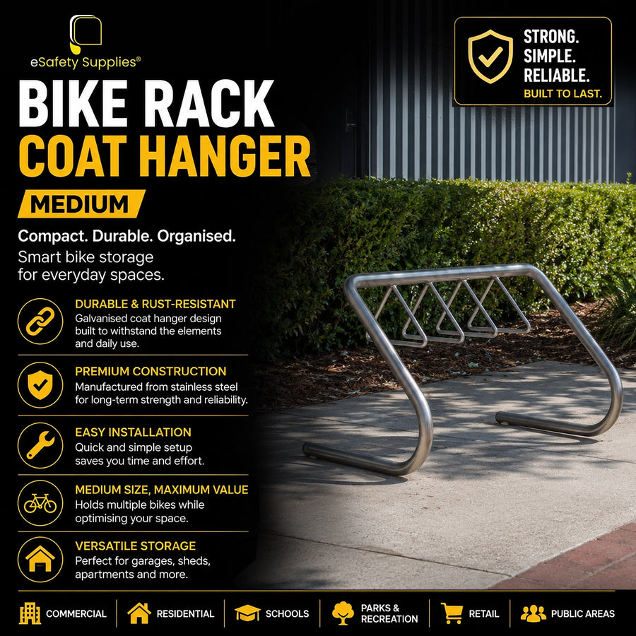 Medium coat hanger bike rack designed to store up to 7 bicycles, available in galvanised and stainless steel finishes.