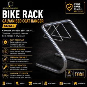 A galvanised steel Coat Hanger Bike Rack designed to hold up to 5 bicycles, shown bolted to the ground as a compact storage solution for offices or apartments.