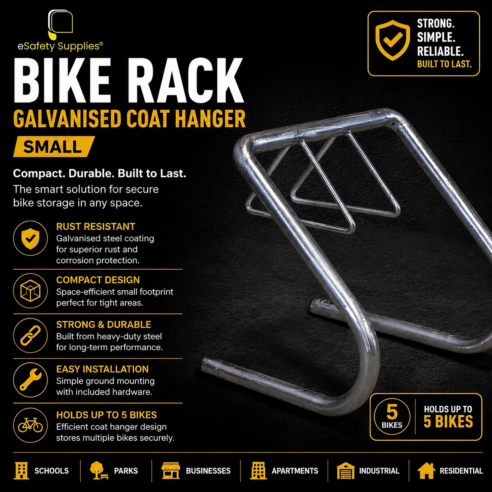 A galvanised steel Coat Hanger Bike Rack designed to hold up to 5 bicycles, shown bolted to the ground as a compact storage solution for offices or apartments.