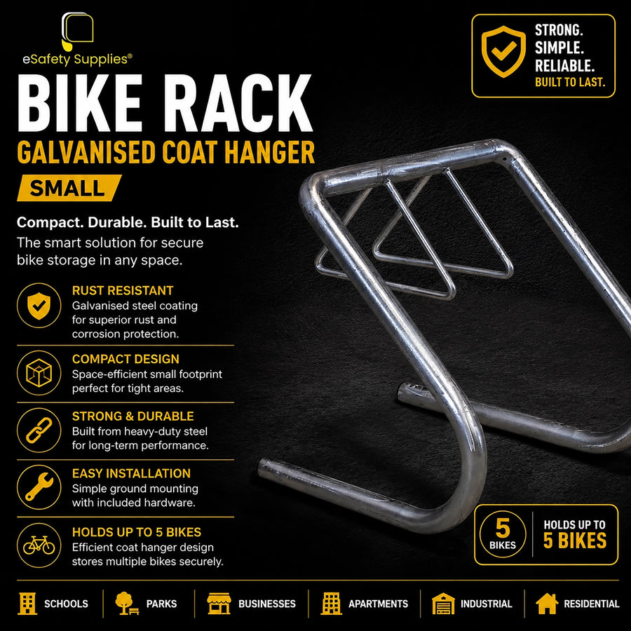 A galvanised steel Coat Hanger Bike Rack designed to hold up to 5 bicycles, shown bolted to the ground as a compact storage solution for offices or apartments.