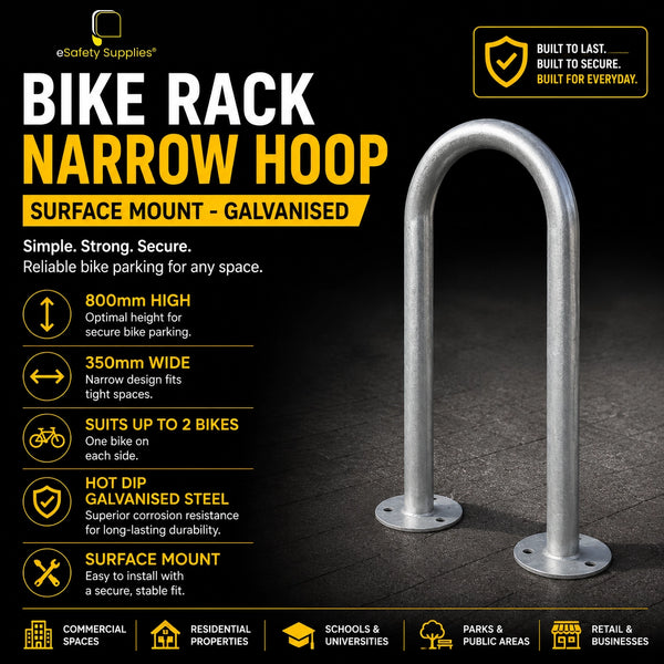 Galvanised steel narrow hoop bike rack with surface mount installation.