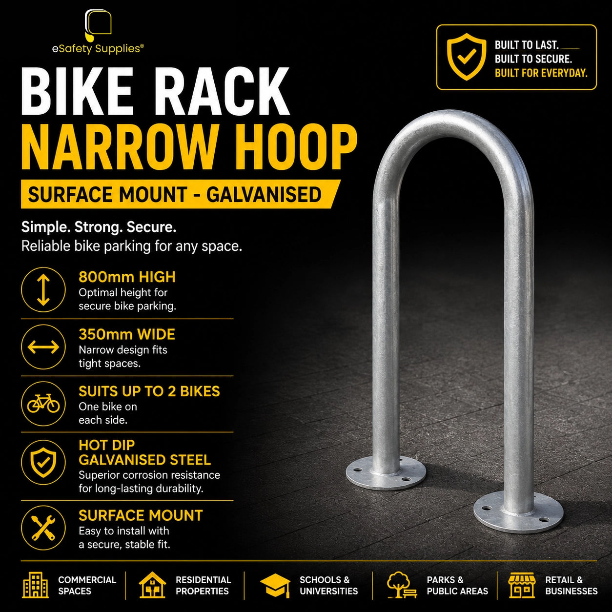 Galvanised steel narrow hoop bike rack with surface mount installation.