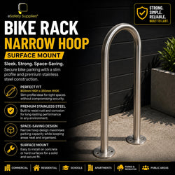 Surface mount stainless steel narrow hoop bike rack measuring 800mm high by 350mm wide.