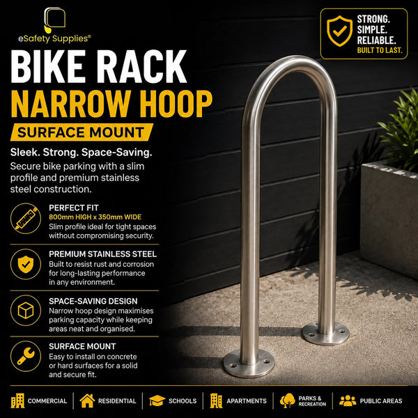 Surface mount stainless steel narrow hoop bike rack measuring 800mm high by 350mm wide.