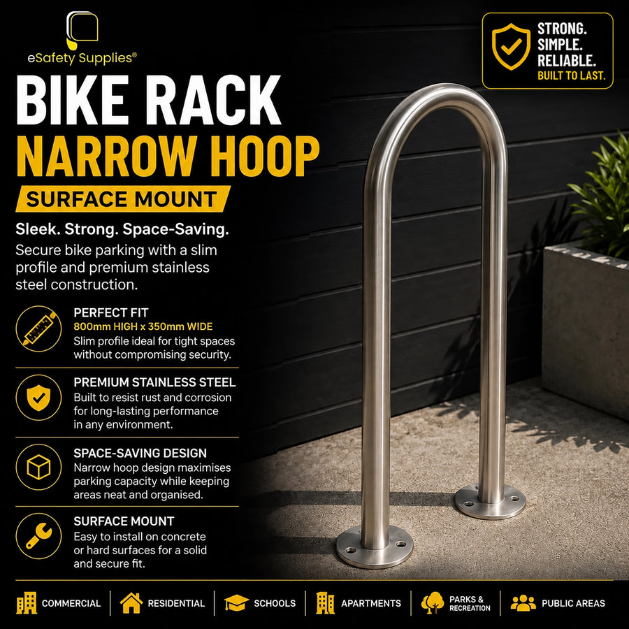 Surface mount stainless steel narrow hoop bike rack measuring 800mm high by 350mm wide.