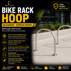 Surface mount hot-dip galvanised steel bike rack hoop measuring 800mm high by 850mm wide, holding up to two bicycles.