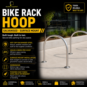 Surface mount hot-dip galvanised steel bike rack hoop measuring 800mm high by 850mm wide, holding up to two bicycles.