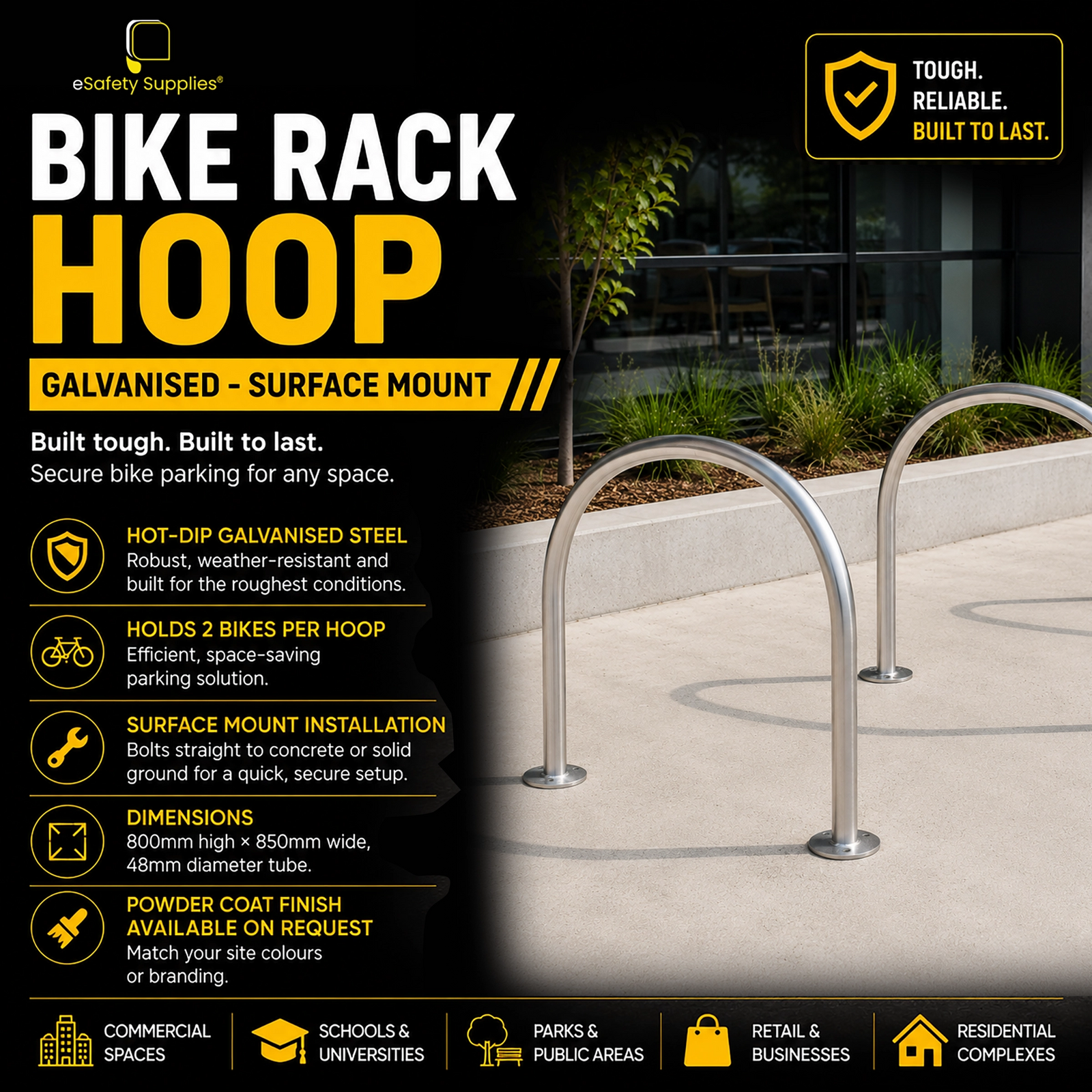 Surface mount hot-dip galvanised steel bike rack hoop measuring 800mm high by 850mm wide, holding up to two bicycles.