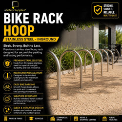 Inground stainless steel hoop bike rack standing 900mm high for secure outdoor bicycle parking.