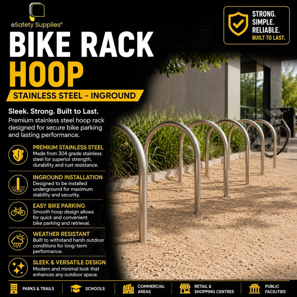 Inground stainless steel hoop bike rack standing 900mm high for secure outdoor bicycle parking.
