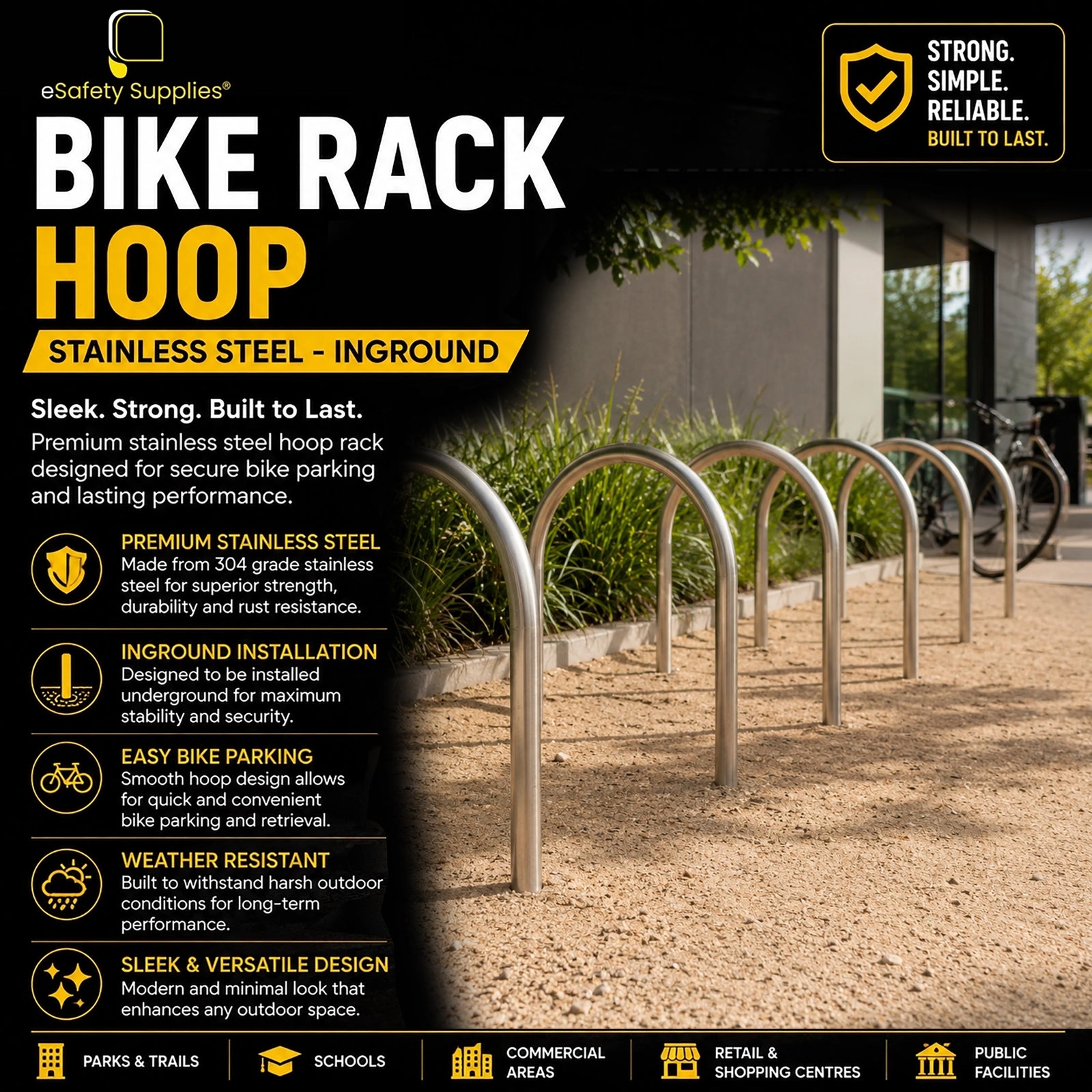 Inground stainless steel hoop bike rack standing 900mm high for secure outdoor bicycle parking.