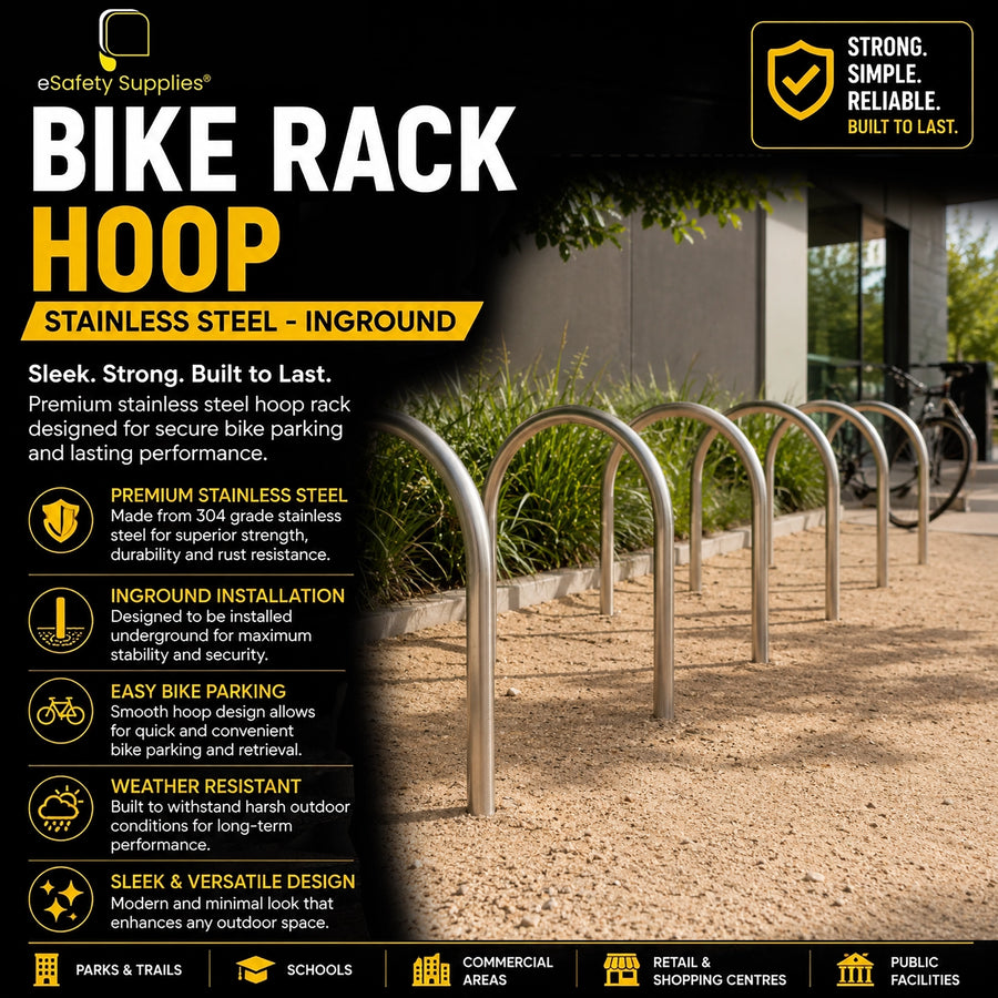 Inground stainless steel hoop bike rack standing 900mm high for secure outdoor bicycle parking.