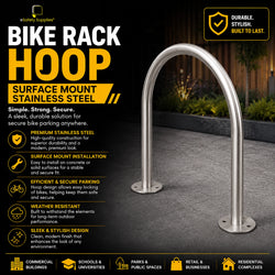 Surface mount stainless steel hoop bike rack for secure bicycle parking, available in 304 and 316 marine grade stainless steel.