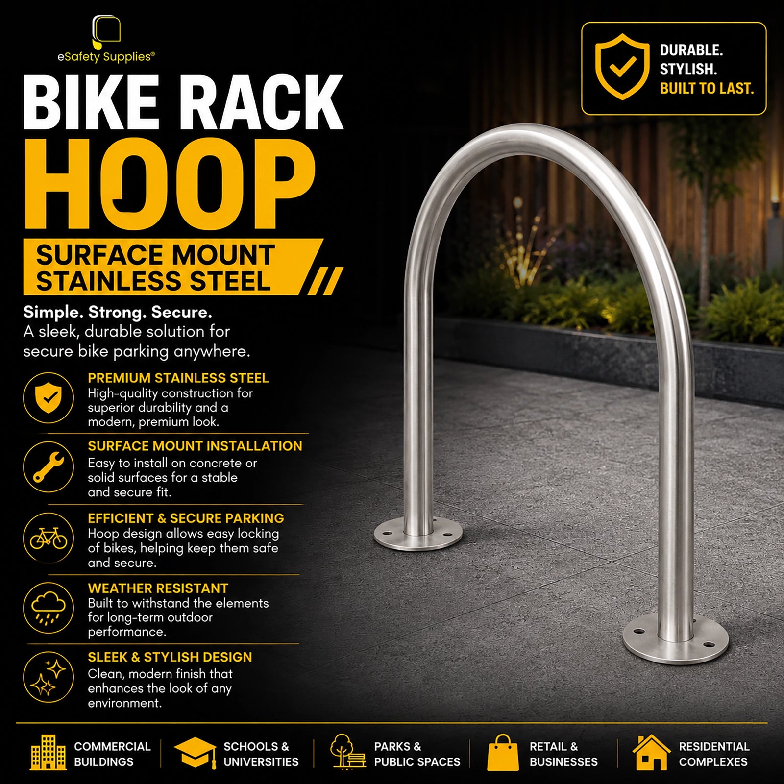 Surface mount stainless steel hoop bike rack for secure bicycle parking, available in 304 and 316 marine grade stainless steel.