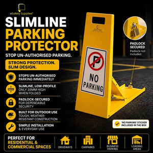 Low-profile yellow slimline fold-down parking bollard secured with a padlock, featuring a No Parking logo on the front face.