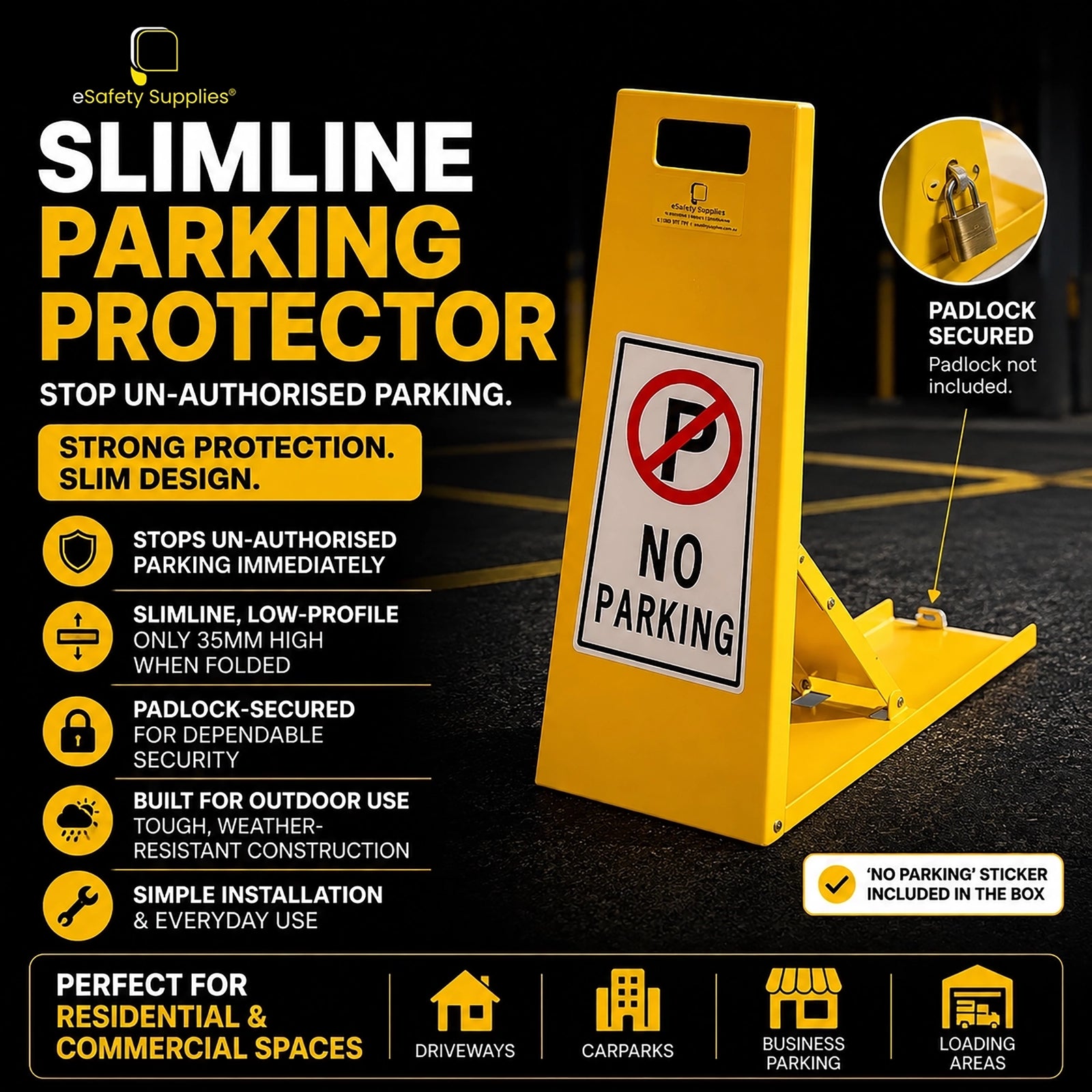 Low-profile yellow slimline fold-down parking bollard secured with a padlock, featuring a No Parking logo on the front face.