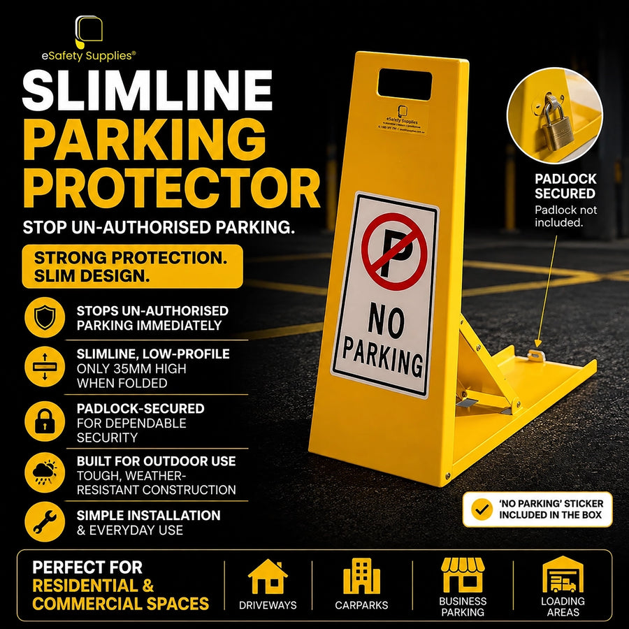 Low-profile yellow slimline fold-down parking bollard secured with a padlock, featuring a No Parking logo on the front face.