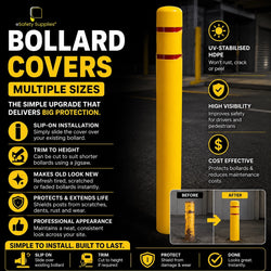 High-visibility yellow HDPE slip-on bollard cover measuring 1350mm tall, designed to fit 90mm to 140mm diameter steel bollards.
