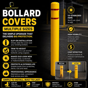 High-visibility yellow HDPE slip-on bollard cover measuring 1350mm tall, designed to fit 90mm to 140mm diameter steel bollards.